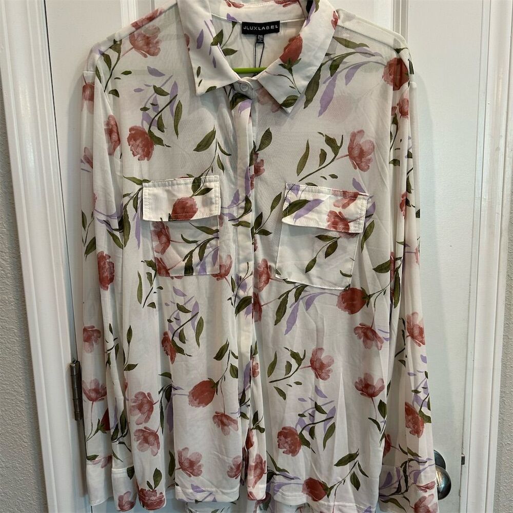 JLUXLABEL Women's 2XL Floral Button-Up Top Multicolor Long Sleeve NWT